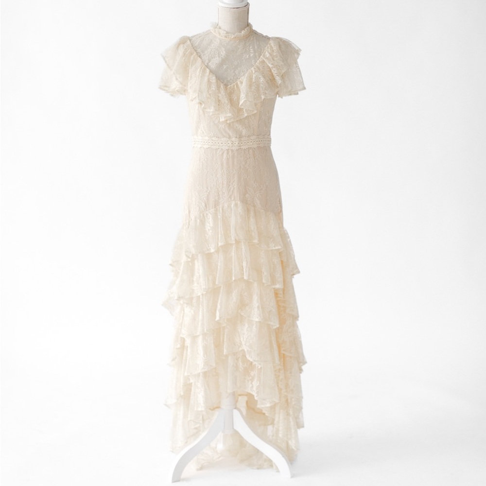 Joyfolie ruffled lace high neck cream fitted maxi dress